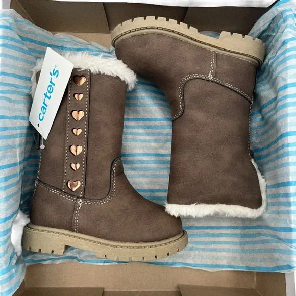 Carters Baby Girls Fashion Tall Boots Size 5 Brown Faux Fur Trim Winter Shoes - Picture 14 of 15